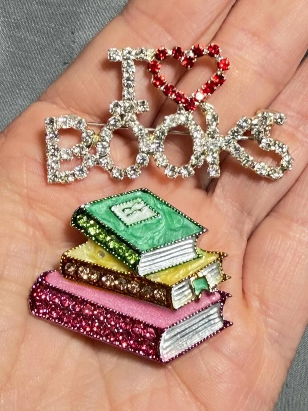Book Lover Brooch Set Rhinestone I Love Books Stack Pendant Teacher